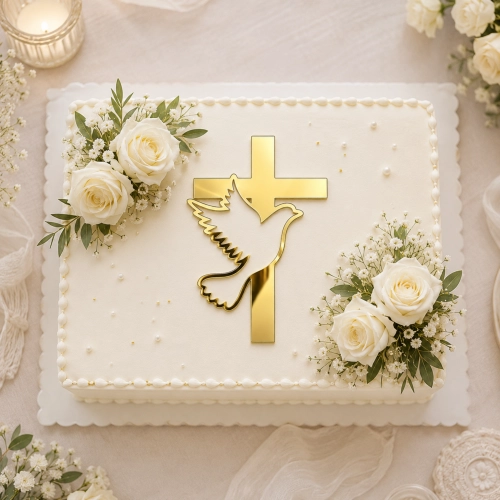 Topper na tort bok tortu krzyż z gołąbkiem złoty lustrzany komunia chrzest