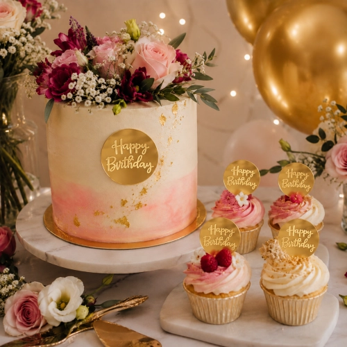 Topper na tort bok tortu 5 sztuk Happy Birthday złoty lustrzany ozdoby dekoracje urodzinowe