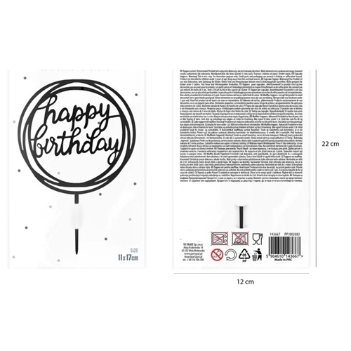 Topper ozdoby na tort napis Happy Birthday okrągły czarny akryl dekoracje urodzinowe