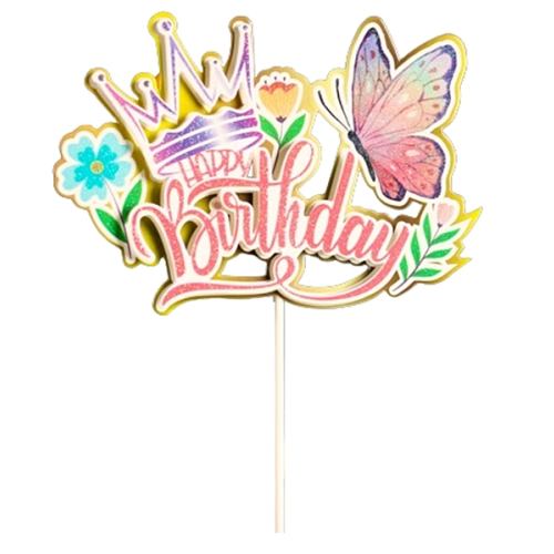 Topper ozdoby na tort napis Happy Birthday kwiaty korona motyl dekoracje urodzinowe