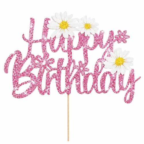 Topper na tort napis Happy Birthday różowy brokatowy dekoracje urodzinowe