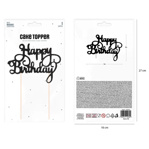 Topper ozdoby na tort napis Happy Birthday czarny brokatowy dekoracje urodzinowe