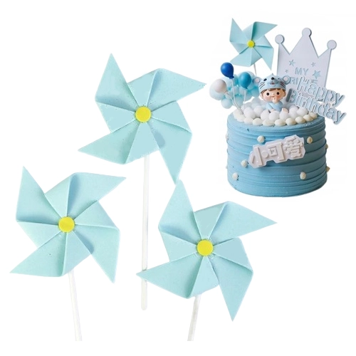 Topper na tort wiatraczek niebieski dla chłopca dekoracje na roczek baby shower urodziny wiatrak zestaw 3 sztuk