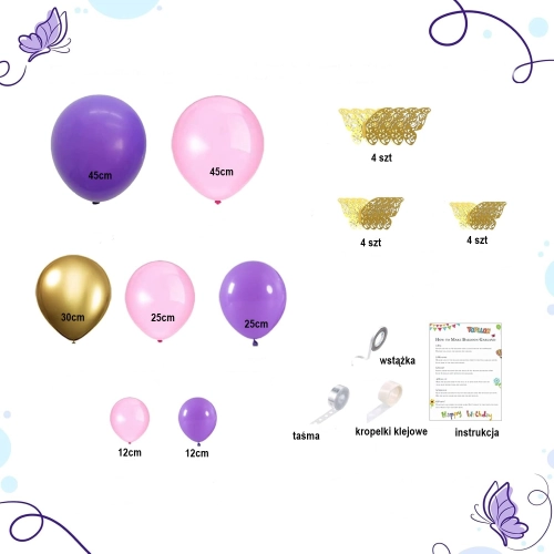 Balony girlanda balonowa zestaw dekoracja urodzinowa fioletowy róż motylki