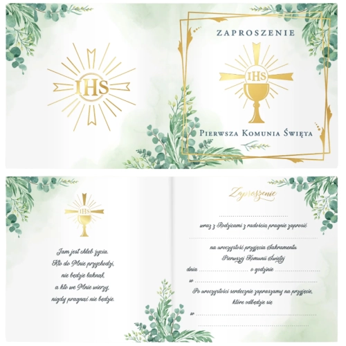 Zaproszenia na komunię 10 sztuk Pierwsza Komunia Święta kielich z hostią IHS