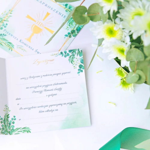 Zaproszenia na komunię 10 sztuk Pierwsza Komunia Święta kielich z hostią IHS