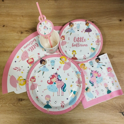 Talerzyki papierowe kubeczki serwetki baletnica mix ozdoby na stół zestaw 36 el