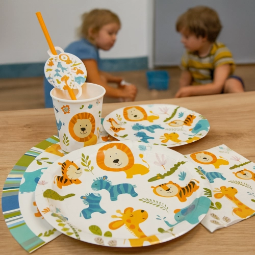 Talerzyki papierowe kubeczki serwetki mix zwierzęta safari zoo ozdoby na stół zestaw 36 el