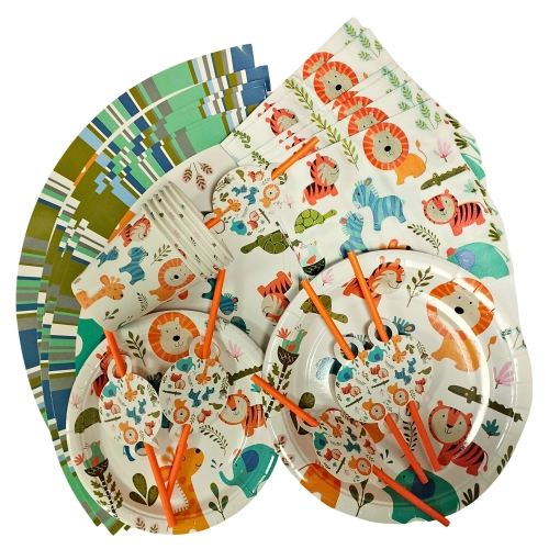 Talerzyki papierowe kubeczki serwetki mix zwierzęta safari zoo ozdoby na stół zestaw 36 el