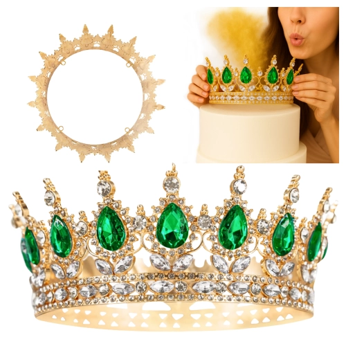 Korona na tort ozdoba dla księżniczki dekoracje na tort złota z zielonymi kryształkami